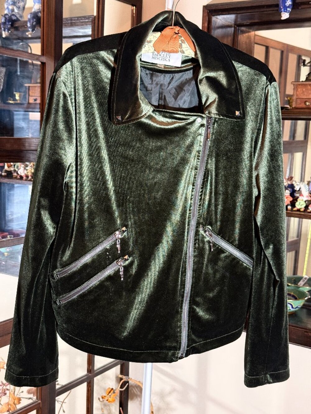 Badgley Mischka Belle Olive Green Velvet Asymmetric Zipper Jacket Sz XL $249.00